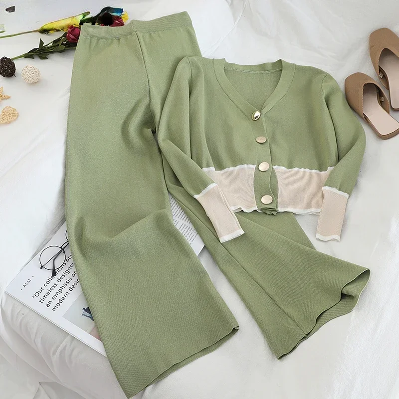 

Korean Slim Knit 2 Piece Sets Women Elegant V-neck Sweater Cardigan Tops Suits Ankle-length Knitwear Wide Leg Pants Outfits N574