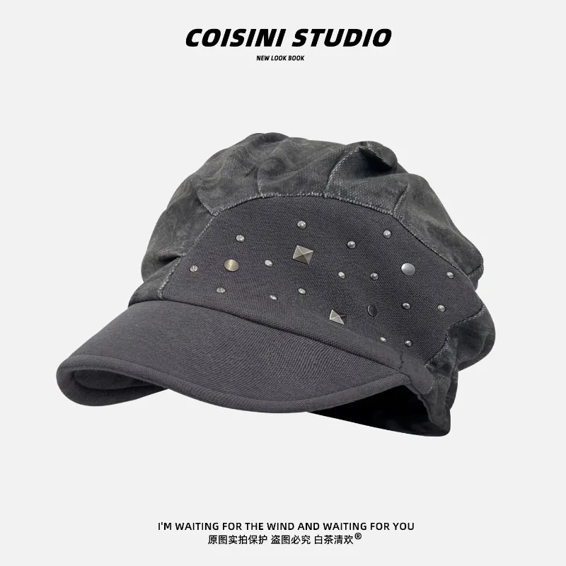 Vintage Personality Rivet Splicing Design Berets for Women Spring Autumn Casual Versatile Show Face Small Literary Pullover Hats