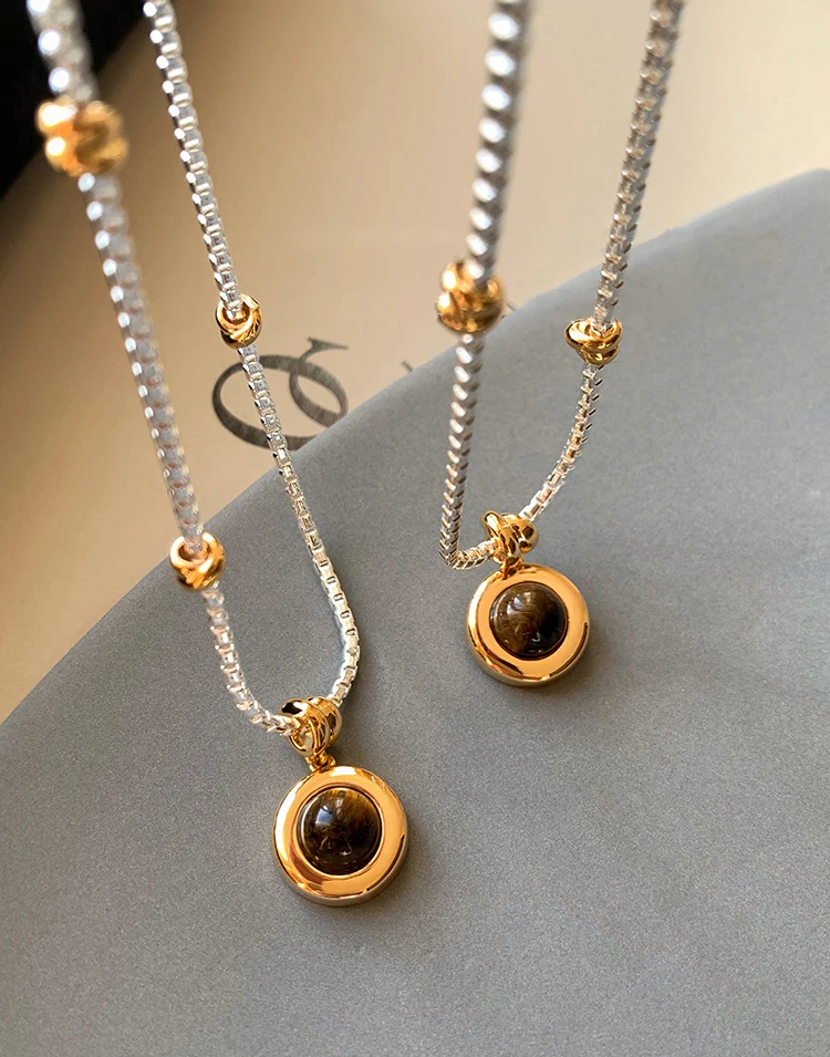 Gold- und Silberfarbene Kette, kreisförmiger Tigerauge-Stein-Anhänger, Halskette, luxuriöser Schmuck für Damen, sexy Schlüsselbein-Accessoires – Detail 15