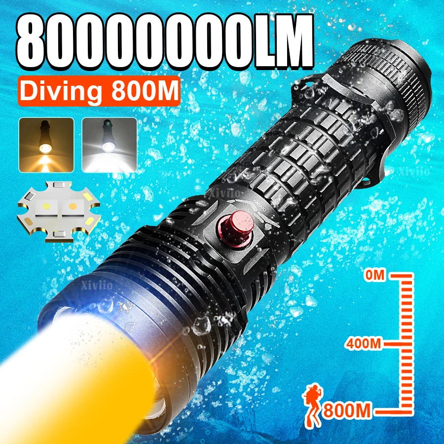 

80000000LM Мощный светодиодный фонарик для дайвинга IPX65 Водонепроницаемый профессиональный фонарь для дайвинга Подводный фонарь для дайвинга 500 м с ручной веревкой
