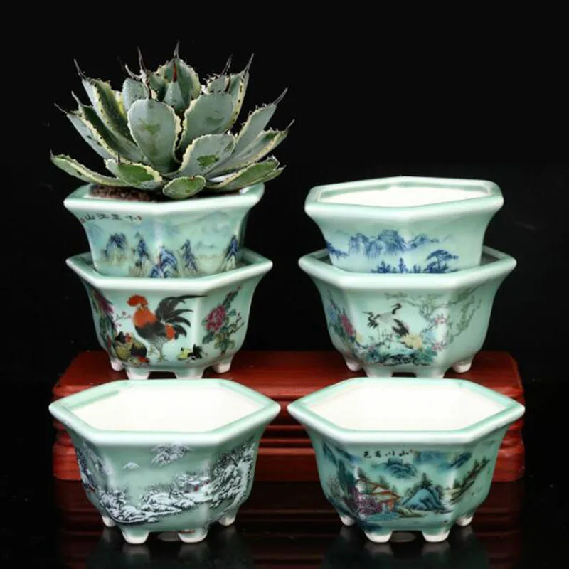 Chinese Style Glazed Hexagon Flower Pot Green Plant Pot Desktop Bonsai Vase with Drainage Hole Growing Container Home Decor