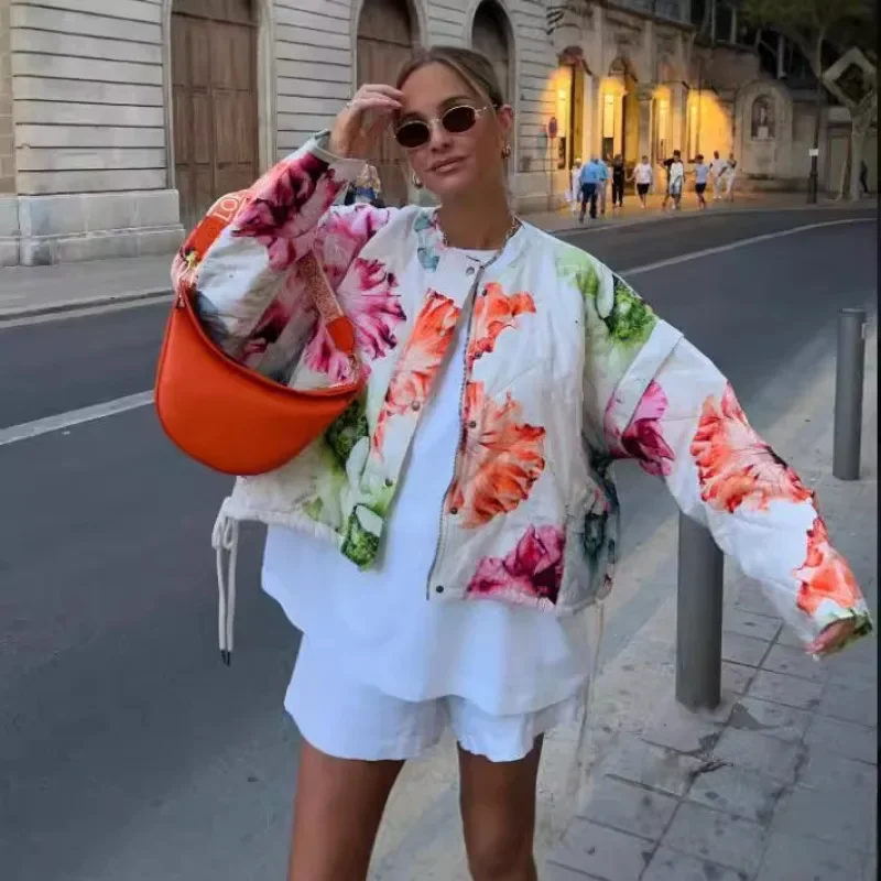 

Женские парки, новая мода, однобортная хлопковая куртка с длинными рукавами в стиле ретро, свободная повседневная куртка с круглым вырезом и цветочным принтом на шнурке