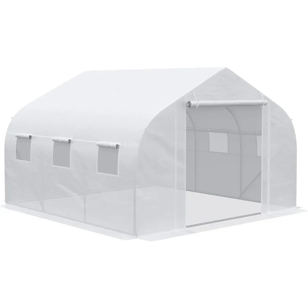 12' x 10' x 7' Walk-in Greenhouse, Tunnel Green House with Zippered Mesh Door and 6 Mesh Windows, Gardening Plant Hot House