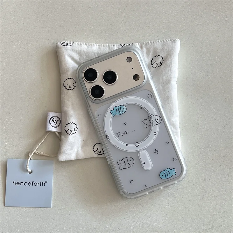 Clear Cute Fish Magnetic Phone Case For iPhone 17 Pro 16 15 14 Pro Max Cover with Stand Cases For Magsafe Shockproof Cartoon Cas