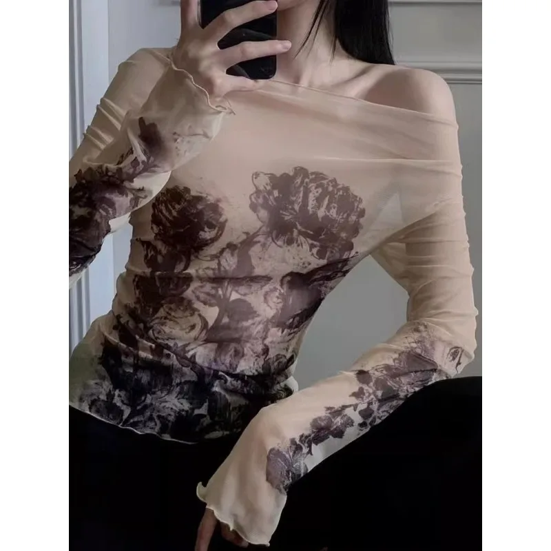 

Женская сетчатая тонкая футболка на одно плечо с принтом чернил в стиле ретро, пуловер, топ