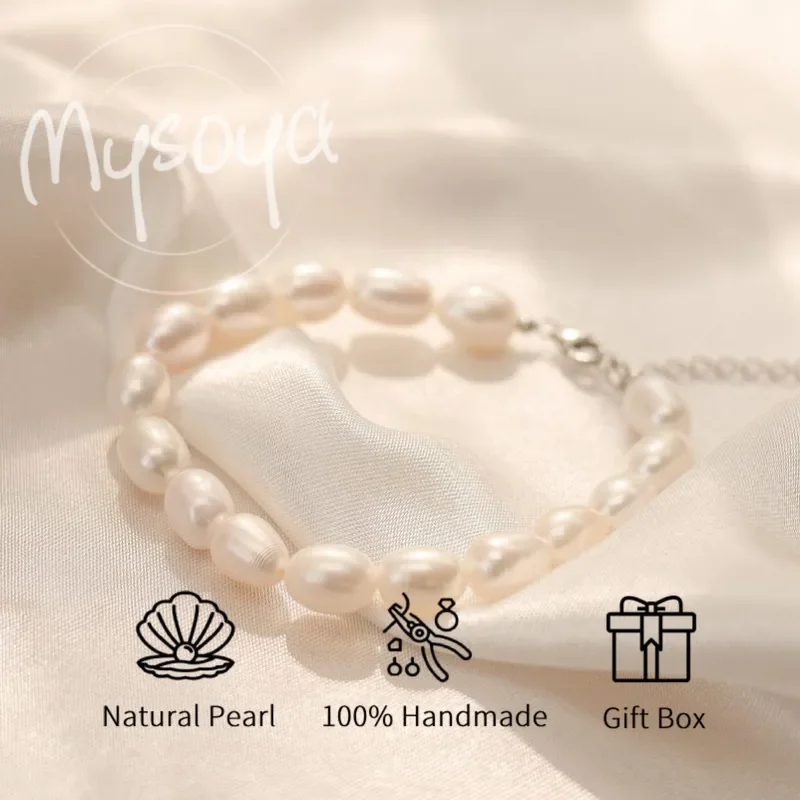 

MYSOYA 8-9 мм натуральный белый рис в форме пресноводного жемчуга браслет для женщин и мужчин с подарочной коробкой подарок на день рождения, свадьбу, годовщину