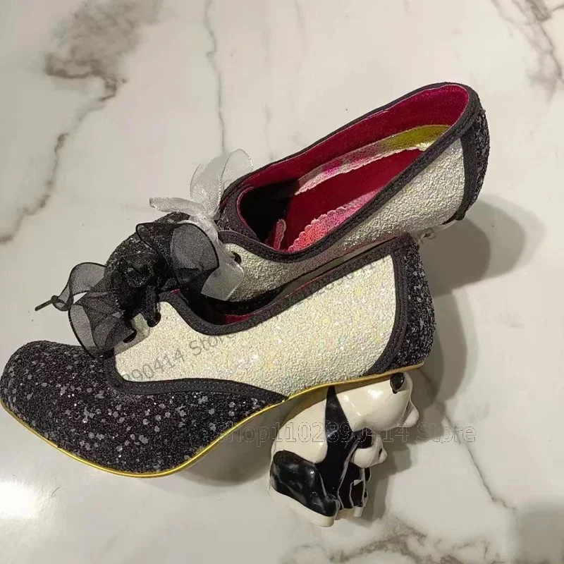 

Black White Sequins Mesh Strap Animal Heel Pumps Lace Up Women Shoes Strange Style Heels Fashion Party 2025 Zapatos Para Mujere