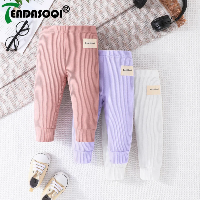 

3M-3Y Newborn Infant Spring Autumn Kids Baby Boys Girls Soild Color Ribbed Knitted Casual Children's Long Pants 3Pcs A Set