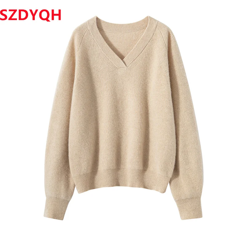 2023 Hot Sale Autumn Winter Women\'s 100% Cashmere Sweater V-Neck High Quality Soft Warm Pullover Female Loose Knitted Jumper