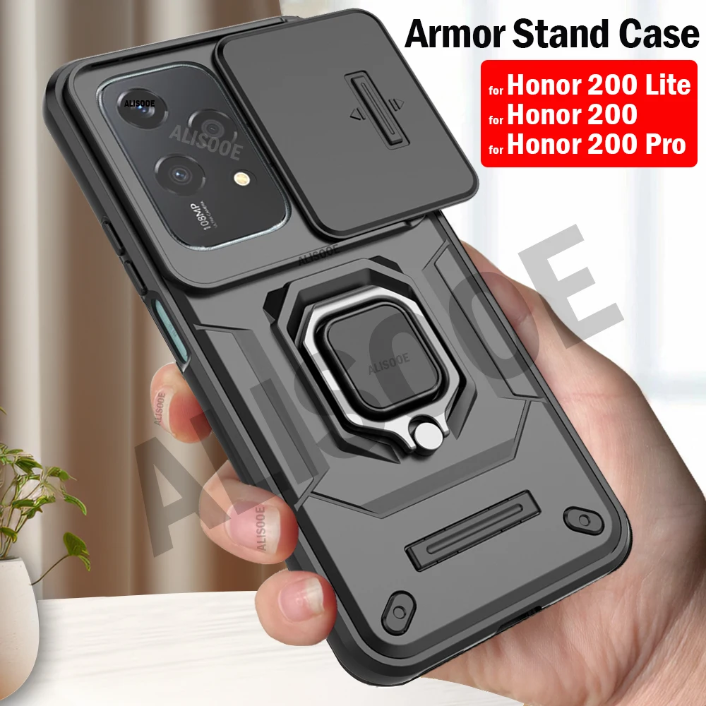 Slide Camera Armor Funda for Honor 200 Lite Case Ring Stand Holder Protection Cover for Honor 200 Pro Shockproof Capa