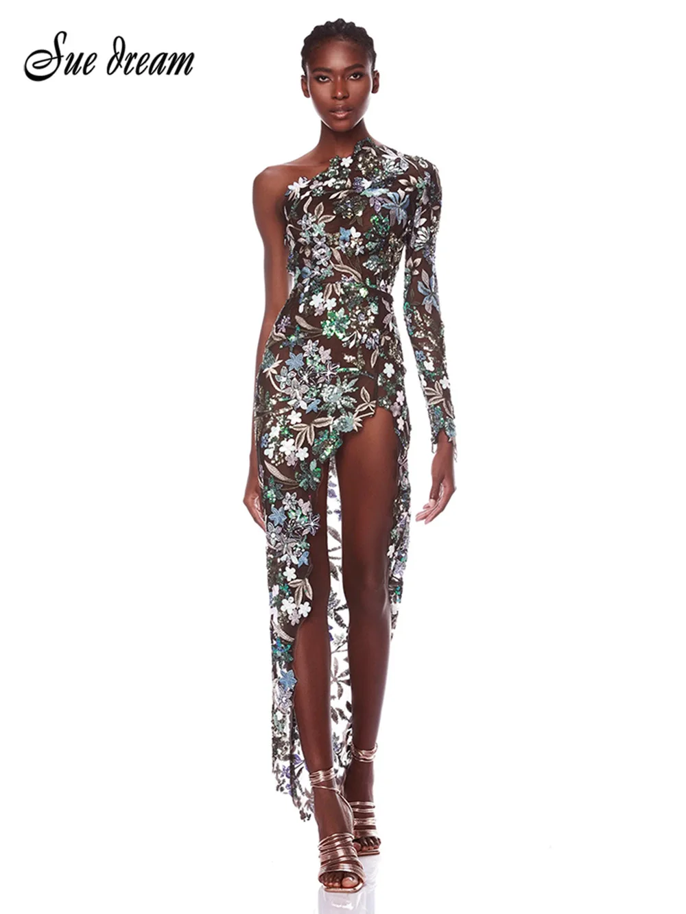 2024 Sexy Vrouwen Een Schouder Lange Mouwen Luxe Lovertjes Bloemen Geborduurde Asymmetrische Bloem Slanke Lange Jurk Bodycon Feestjurk