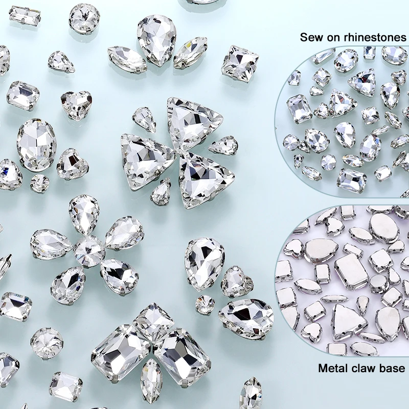 QIAO Mehrfachform Gemischte Größen Glas-Aufnähstränen Flache Rückseite Klare Kristallsteine für Hochzeitskleid-Accessoires – Detail 1