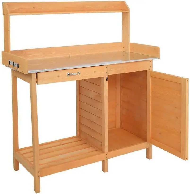 Multi-Purpose Garden Wooden Potting Benches Work Tables W/Door Open Cabinet Shelf Storage Room Garage, Indoor Outdoor Patio