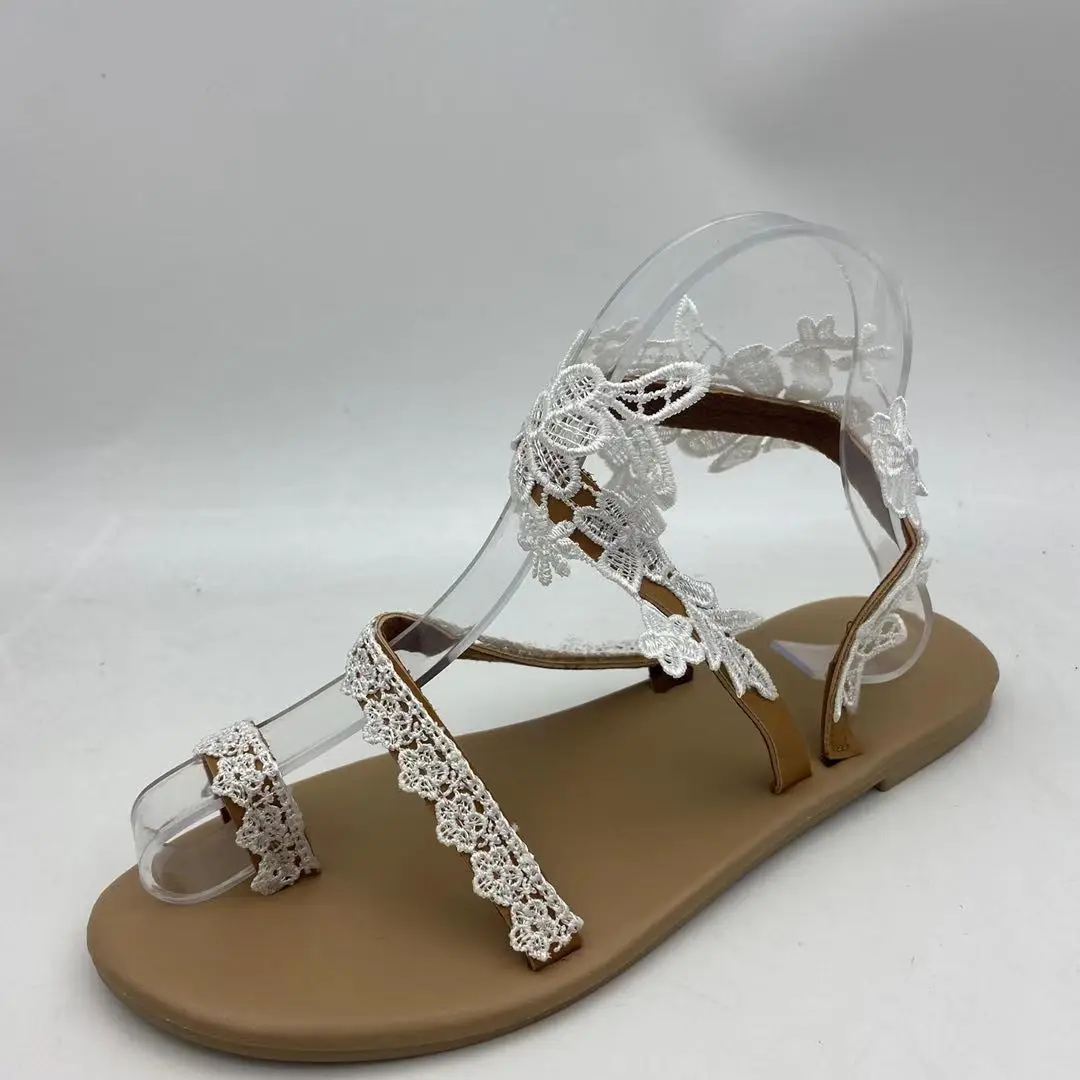 Sandal wanita Bohemian, bunga kasual sandal Romawi datar, sandal pantai hak datar bersirkulasi semua cocok