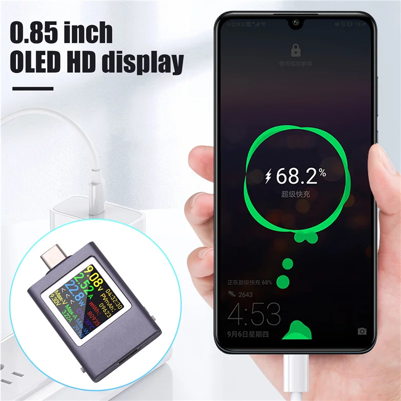 AB47-DC4.5-50V 0-12A PD3.1 Multi-Function Digital Display DC Voltage Ammeter Power Meter Type-C Cell Phone Charging Tester