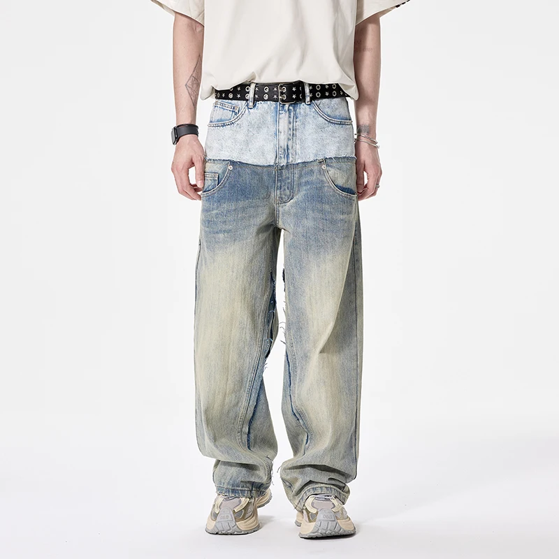 Vintage Heavy-duty Washed Distressed Double Waist Patchwork Gradient Baggy Jeans Men Streetwear Hip Hop Ripped Denim Jeans Pants