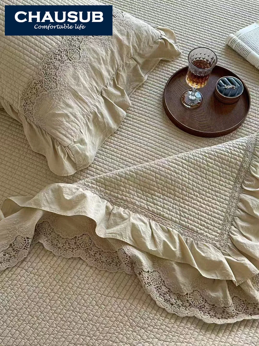 

Luxury 100% Cotton Quilt Set 3pcs Solid Color Enzyme Washed Bedspread with Delicate Lace Trim Bed Cover & Coverlet Home Decor