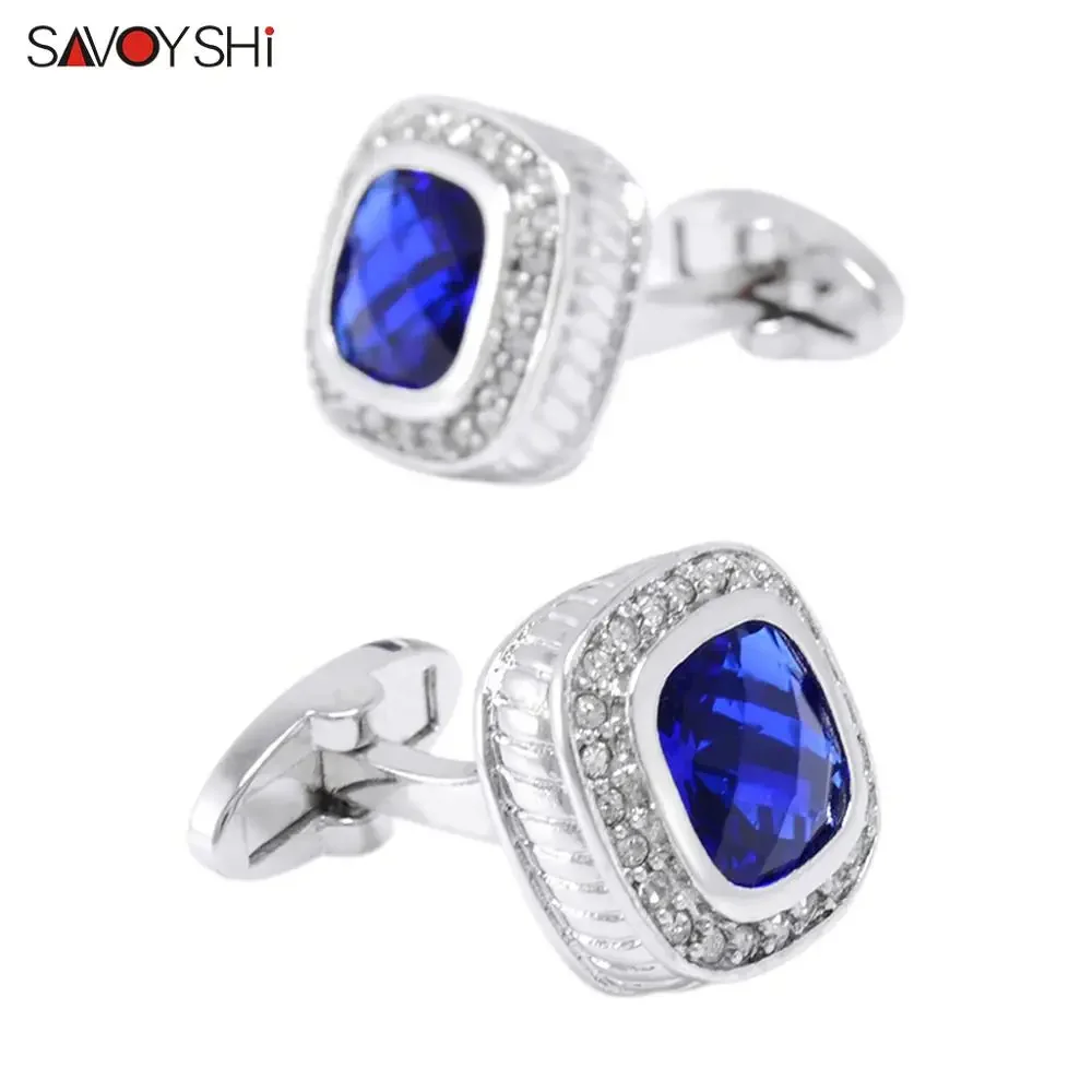 SAVOYSHI Luxury Square Crystals Cufflinks for Mens French Shirt High Quality Blue Cuff links Wedding Grooms Gift Man Jewelry