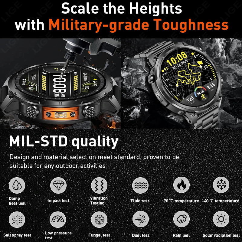 LIGE GPS Sports Smart Watch For Men 1.7" HD Display Built-in GPS Flashlight Compass Altimeter Bluetooth Phone Calls Smartwatch