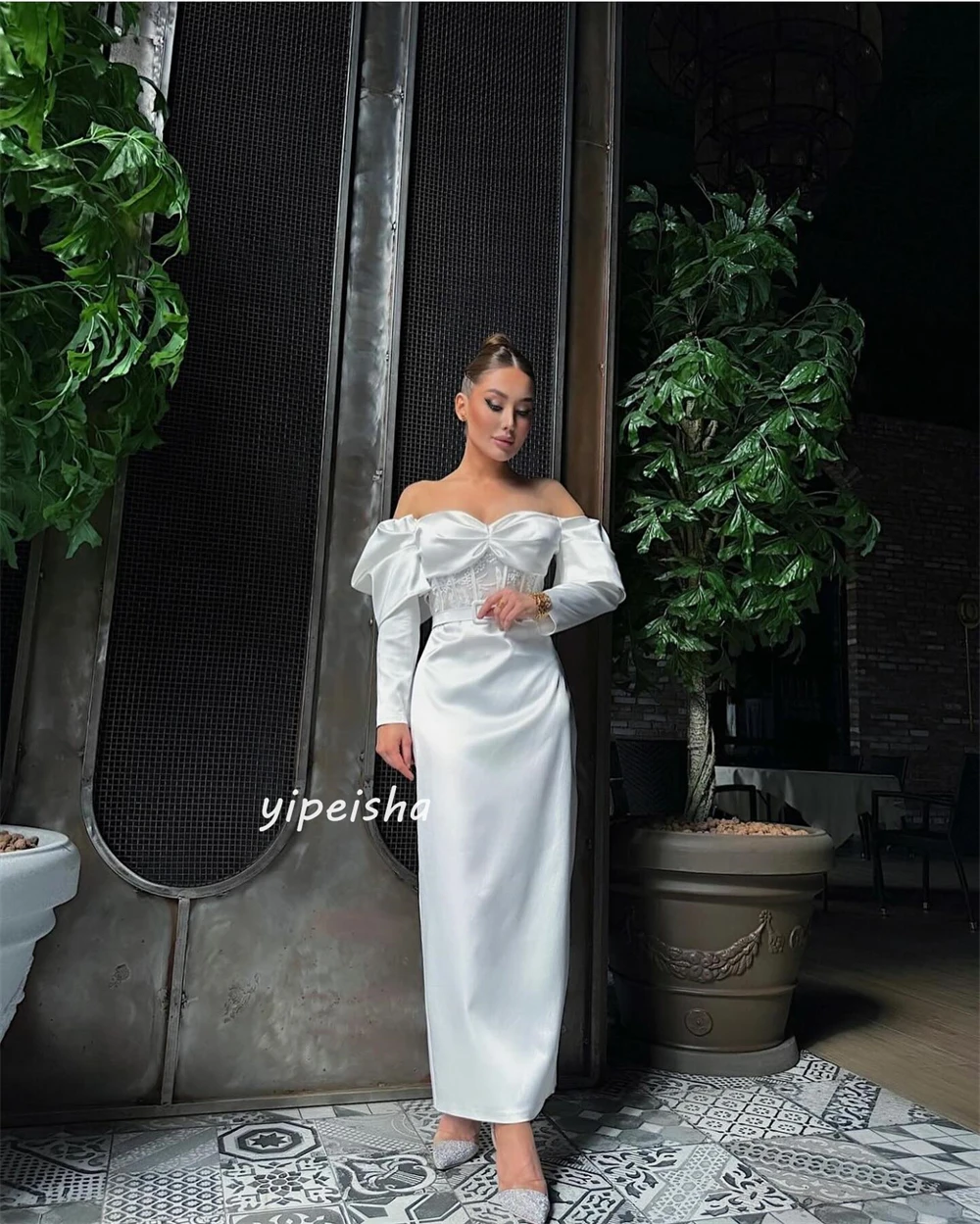 Customized Sparkle Exquisite Satin Draped Pleat Sash Beach A-line Off-the-shoulder Bespoke Occasion Gown Midi Dresses