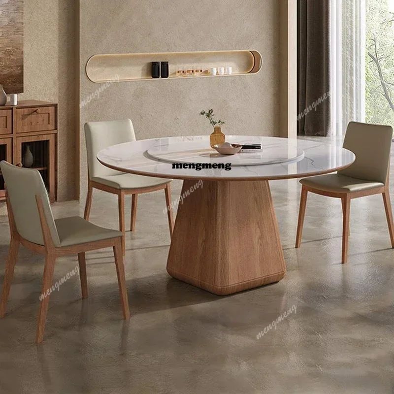 Practical Wooden Dining Room Sets Stable 12mm Rock Slab And 18mm Thickness Of Base Plate Tabletop Round Kitchen Table With 360°T