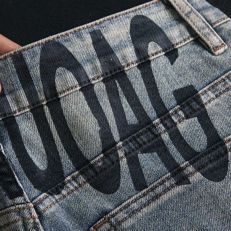 Street trend printed jeans for men, slim fit straight leg elastic high-end fashion personality trend long pants