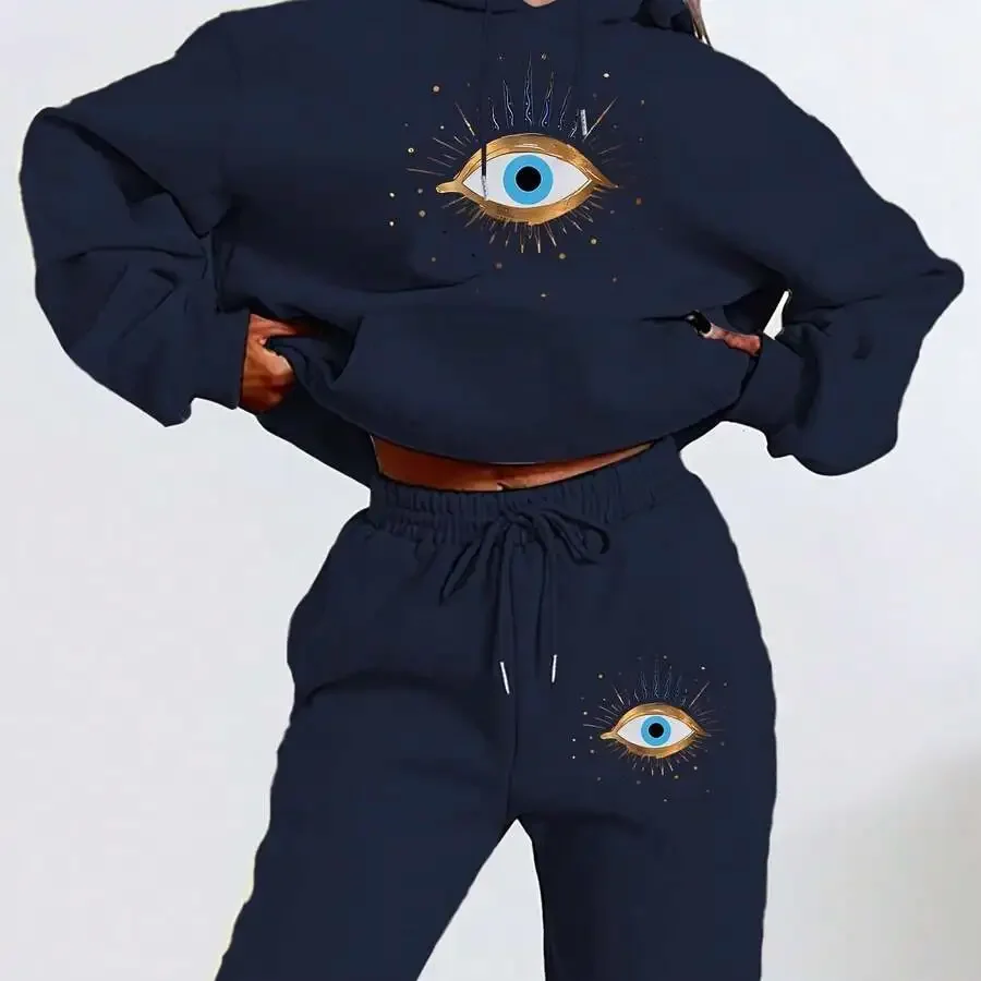 

Womens Hooded Sweatshirt And Jogger Pants Set With Eye Print For Casual Wear