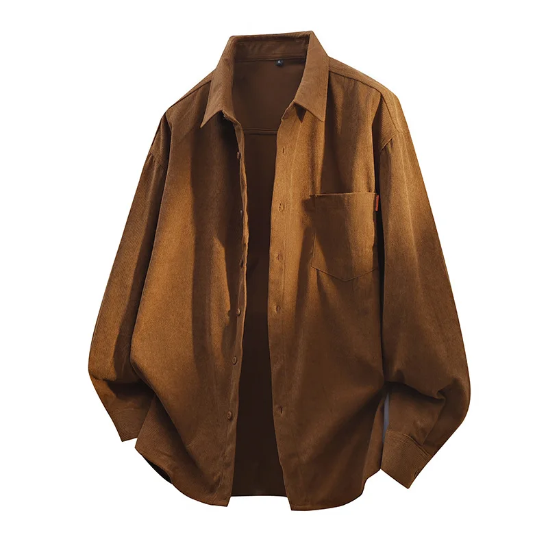 

2026 Men's Long Sleeve Corduroy Shirt Spring Autumn New Style Loose Fit Street Trend Pure Color Embroidery Polyester Fiber