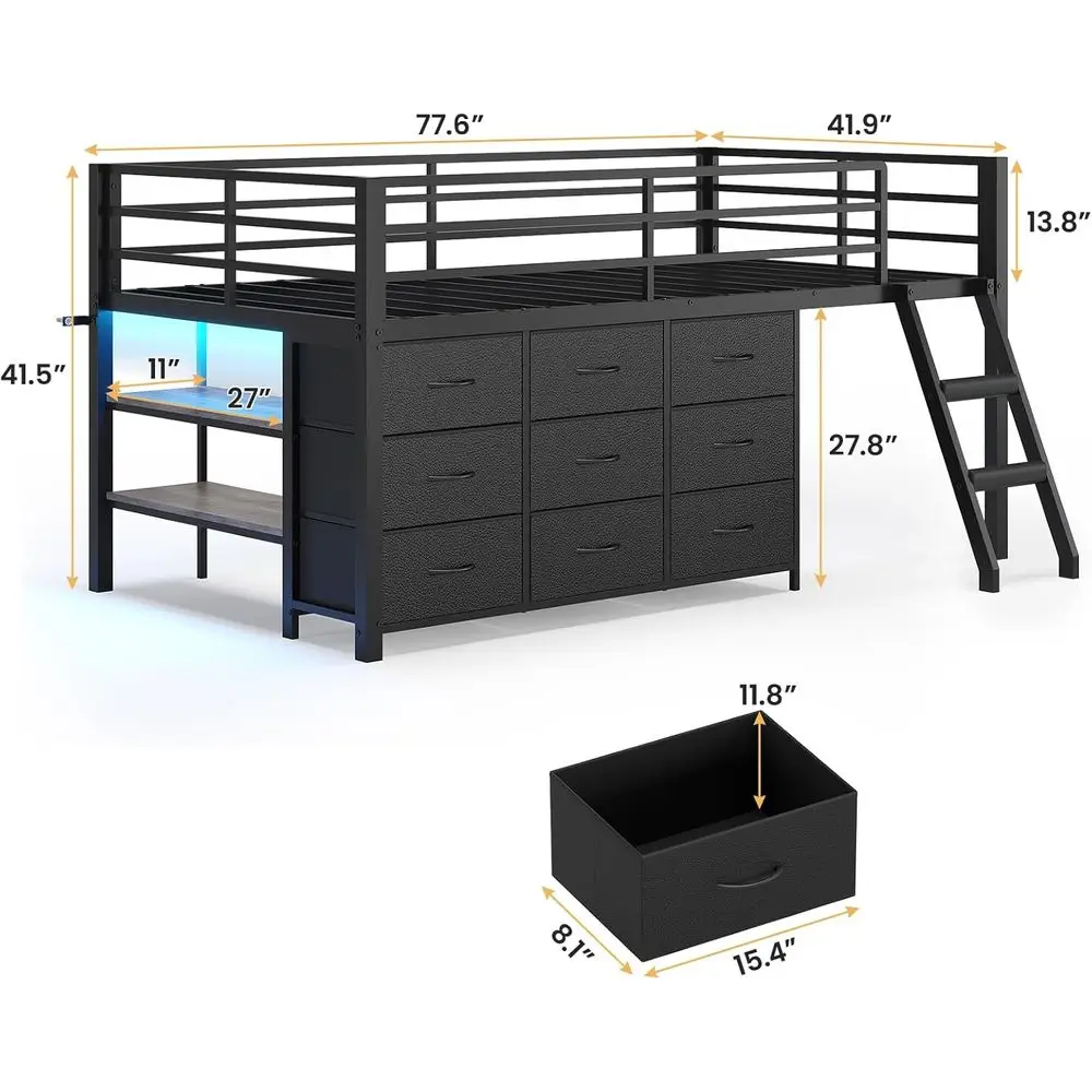 Low Lot Bed Twin Size with 9 Storage Ders, LED Lights Lot Bed | Twin Size Lot Bed, 2-Tier Storage Bookcase, RGB LED Lights, Meta