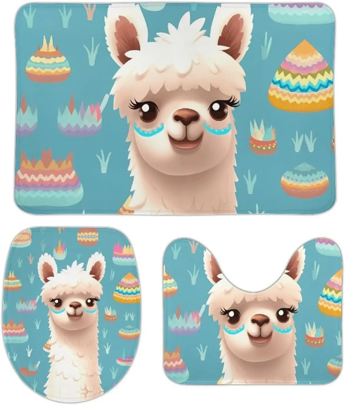 3 Piece Bath Rug Set Non Slip Absorbent Bath Mat Contour Mat with Toilet Lid Cover Alpaca Patterm Soft Floor Mats for Bathroom