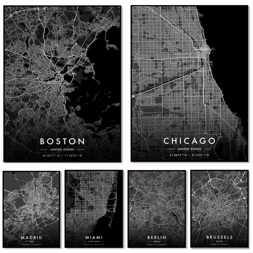 Miami, Washington, London, Paris, Tokyo, Liverpool, Chicago, Brussels, Nashville, Dortmund, Baltimore, Portland city map posters
