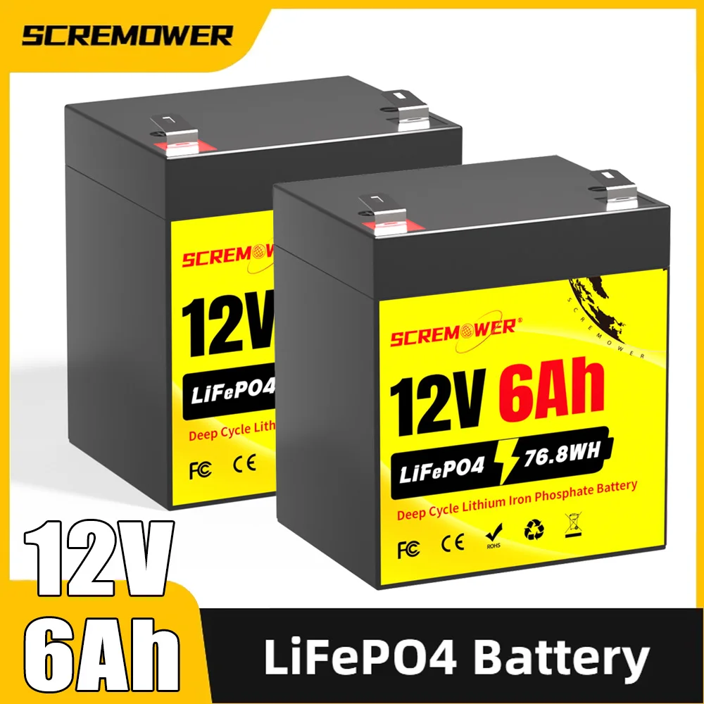 1-2Pack 12V 6Ah LiFePO4 Battery Rechargeable Lithium Battery Built-in BMS 4000+ Cycles for Fish Finder Light Kids Car Backup UPS