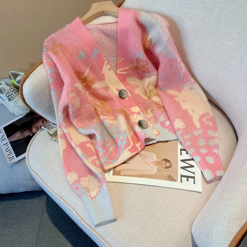 Bomon 2000s trend Pink Sweater Coat Women 2024 Spring and Autumn slouchy V-neck knit cardigan Gentle wind soft waxy thin top