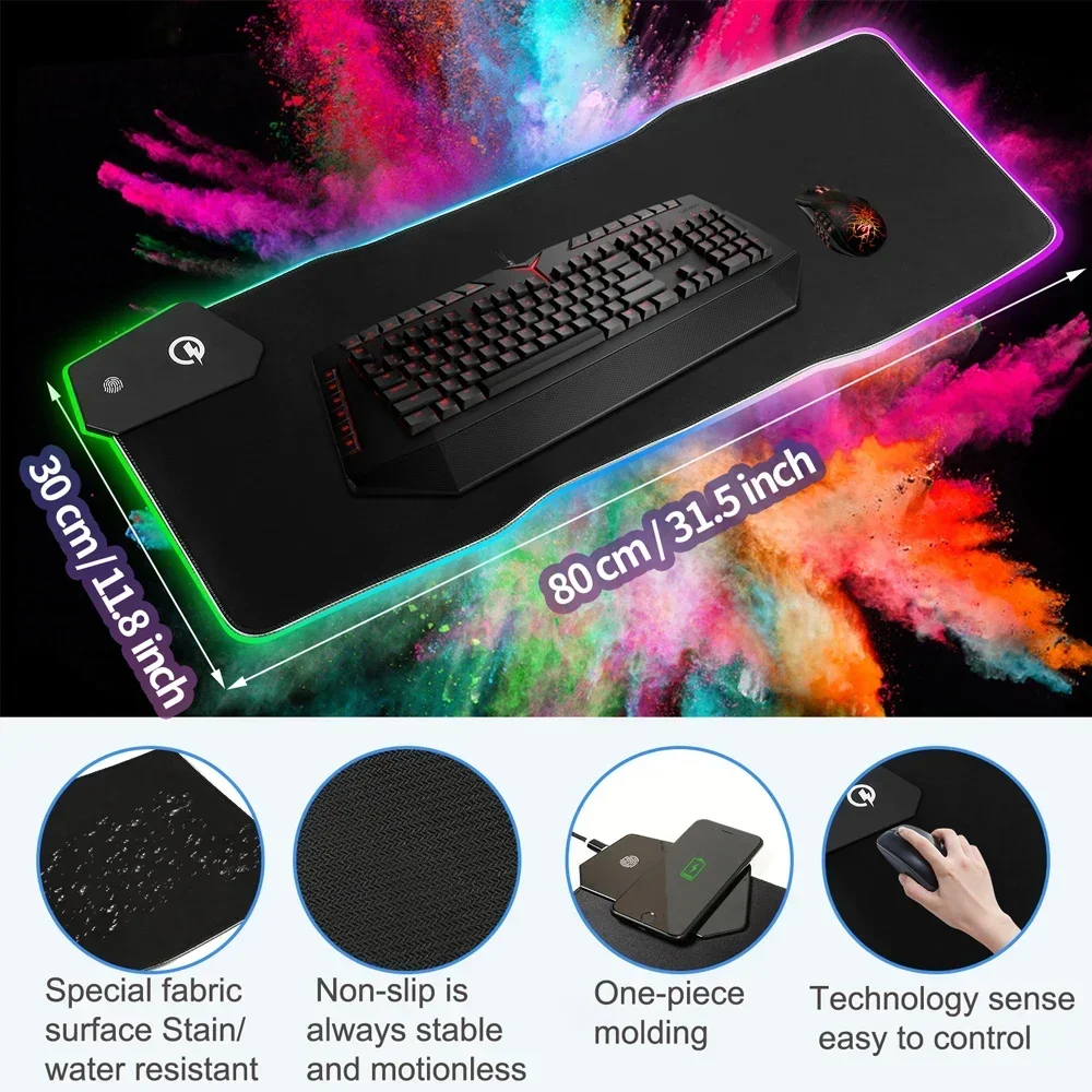 New RGB Large Gaming Mousepad, 15W Wireless Charging Gamer Mousepad, Computer Laptop Keyboard Non-slip Glowing Cushion Mouse Pad