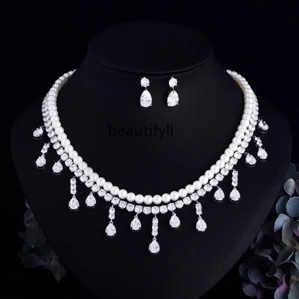 French retro premium light luxury multi-layer pearl element necklace bridal wedding dress