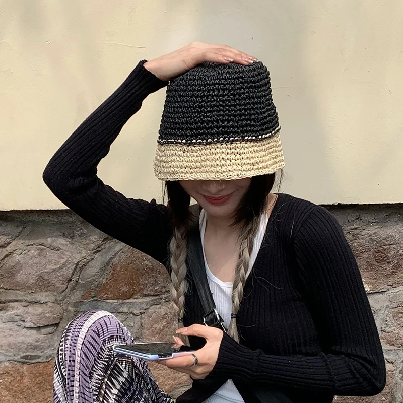 Straw Handmade Fisherman Hat Female Small Fresh Everything with Artistic Niche Personality Bucket Hat Summer Sun Basin Hats