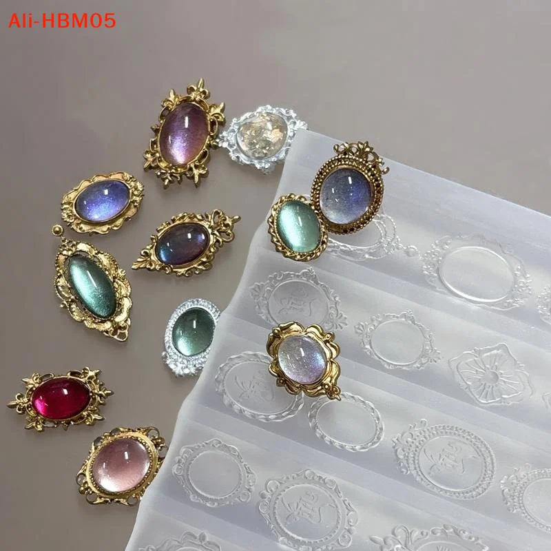 (HB05)Retro Picture Frame Gem Baroque Shell Carving 3D Relief Manicure Templates Nail Art Transparent Silicone Nail Mold