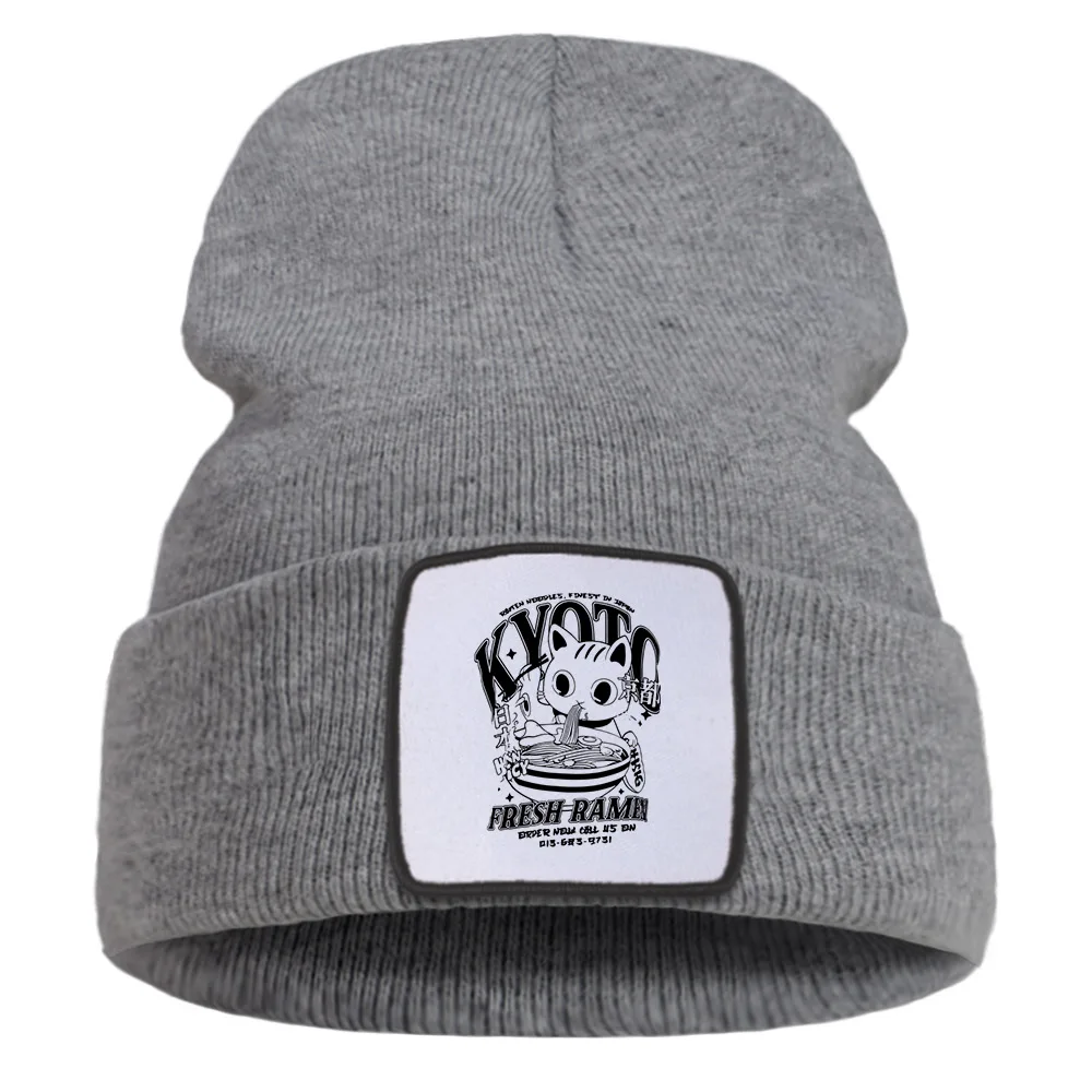 Cartoon Cats Eat Ramen Print Men Winter Knit Hats Hip Hop Fashion Warm Unisex Autumn Hat Solid Color Harajuku Beanie For Teens