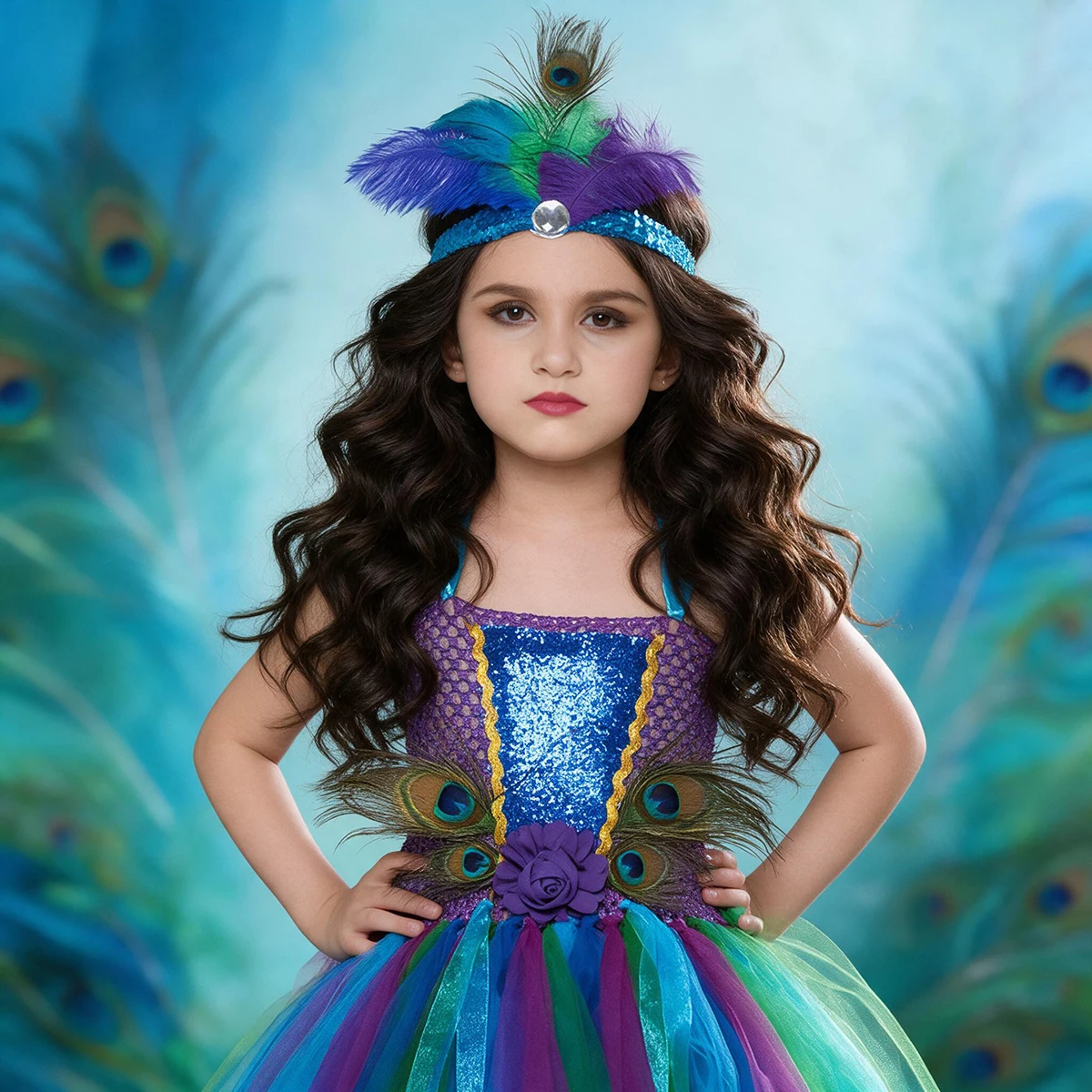 Peacock Feather Tutu Dress with Headband for Girls Purim Pageant Halloween Party Costumes Kids Princess Fancy Ball Gown Dresses