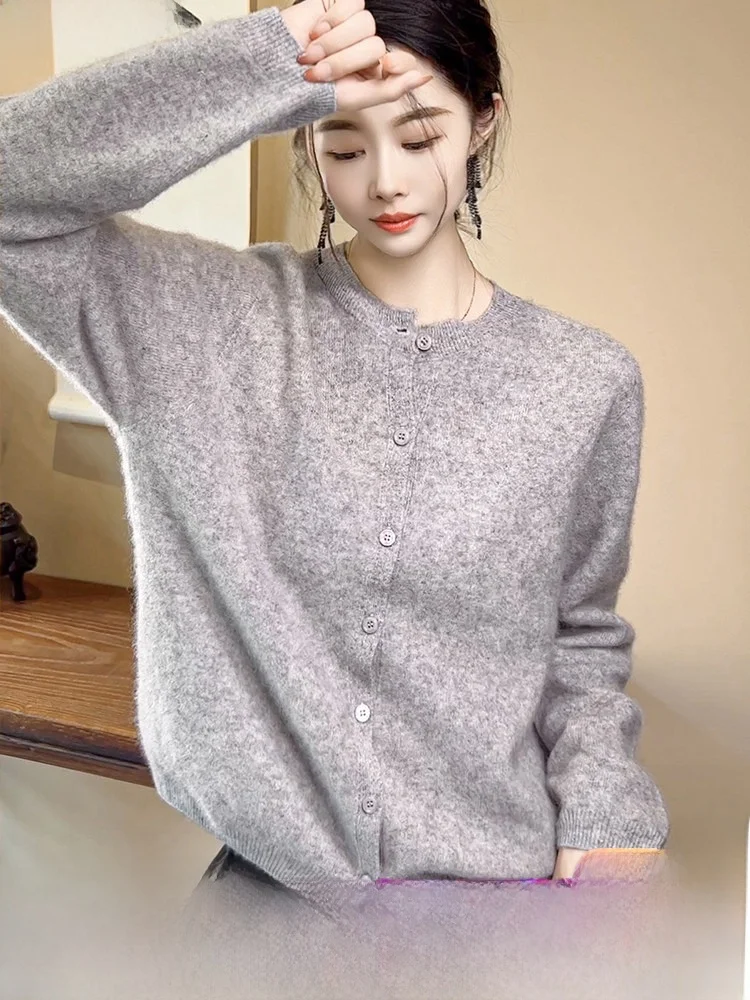 

Повседневный женский вязаный кардиган с длинными рукавами и круглым вырезом, на подкладке из шерсти и кашемира, универсальный свитер для осени и зимы