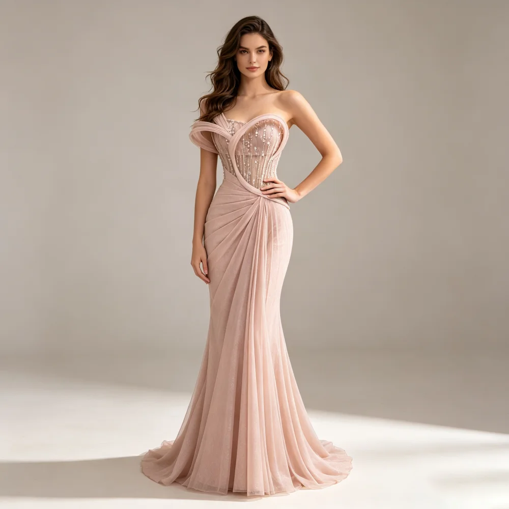 Customized Dusty Pink Chiffon One Shoulder Sheer Corset Mother Of Bride Dresses Beaded Draped Tulle Mermaid Train Formal Gown