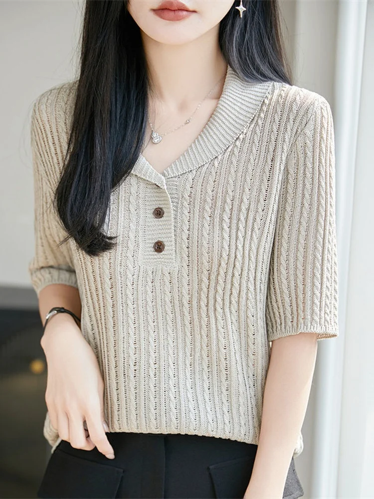 

Casual Loose Fit Women's Knitted Half Sleeve T-Shirt Lace Hollow out Design Small Collar Short Sleeve Summer New Style