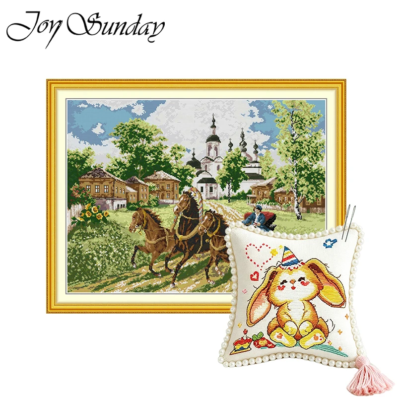 

Joy Sunday Cross Stitch Kit Galloping Horse House HD Pattern Printed Counted Fabric Aida 16/14CT DIY Embroidery Sets with A Gift