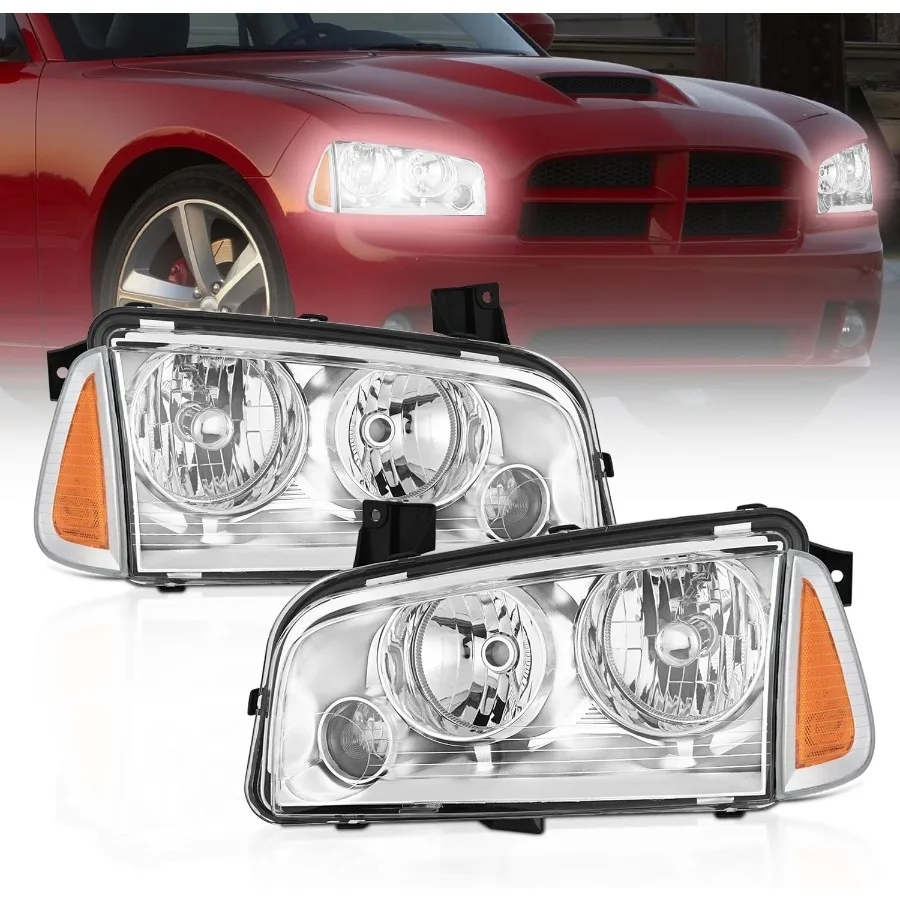 

Headlight Assembly Compatible with 20062010 Dodge Charger Chrome Housing Amber Reflector Clear Lens Headlights Replacement Bump