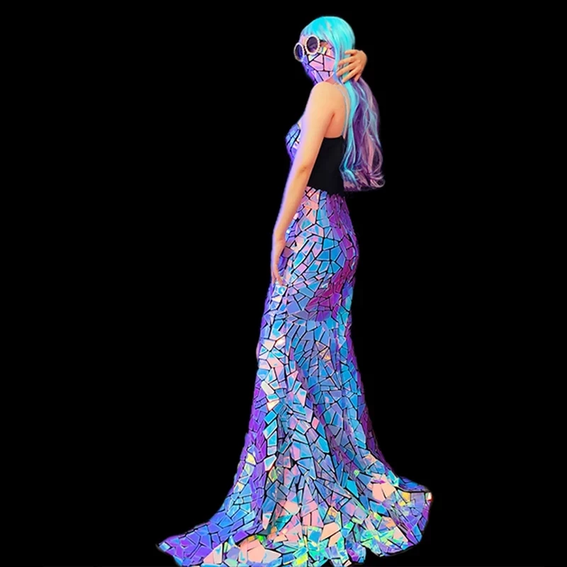 Fioletowo-niebieska laserowa lustrzana długa suknia z rozcięciem, kostium sceniczny dla piosenkarki, taniec, występ, klub, impreza, suknia z trenem, pokaz