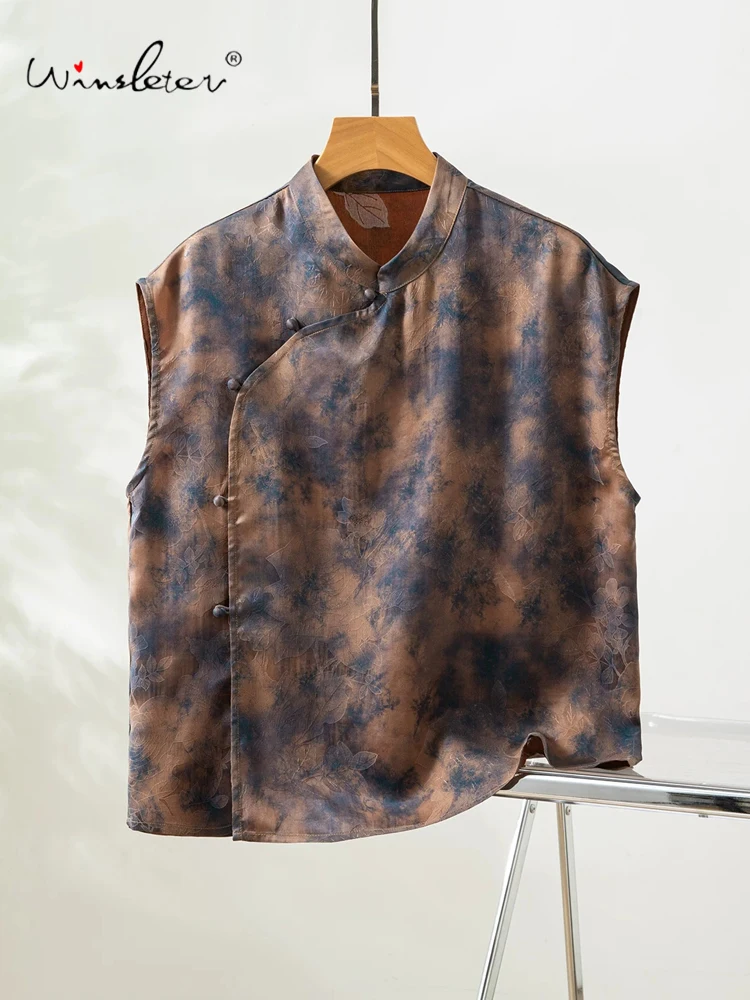 Winsleter-100%Real Silk Watered Gauze Elegant Vest, Stand Jacquard, Women Vintage Temperament Loose Vest, 2026 Summer T65536CC
