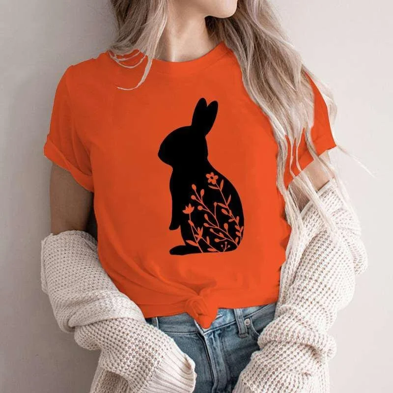 

Cute Easter Day Flower Bunny Printed T-Shirts For Women Short Sleeve Funny Round Neck Tee Shirt Casual Summer Tops