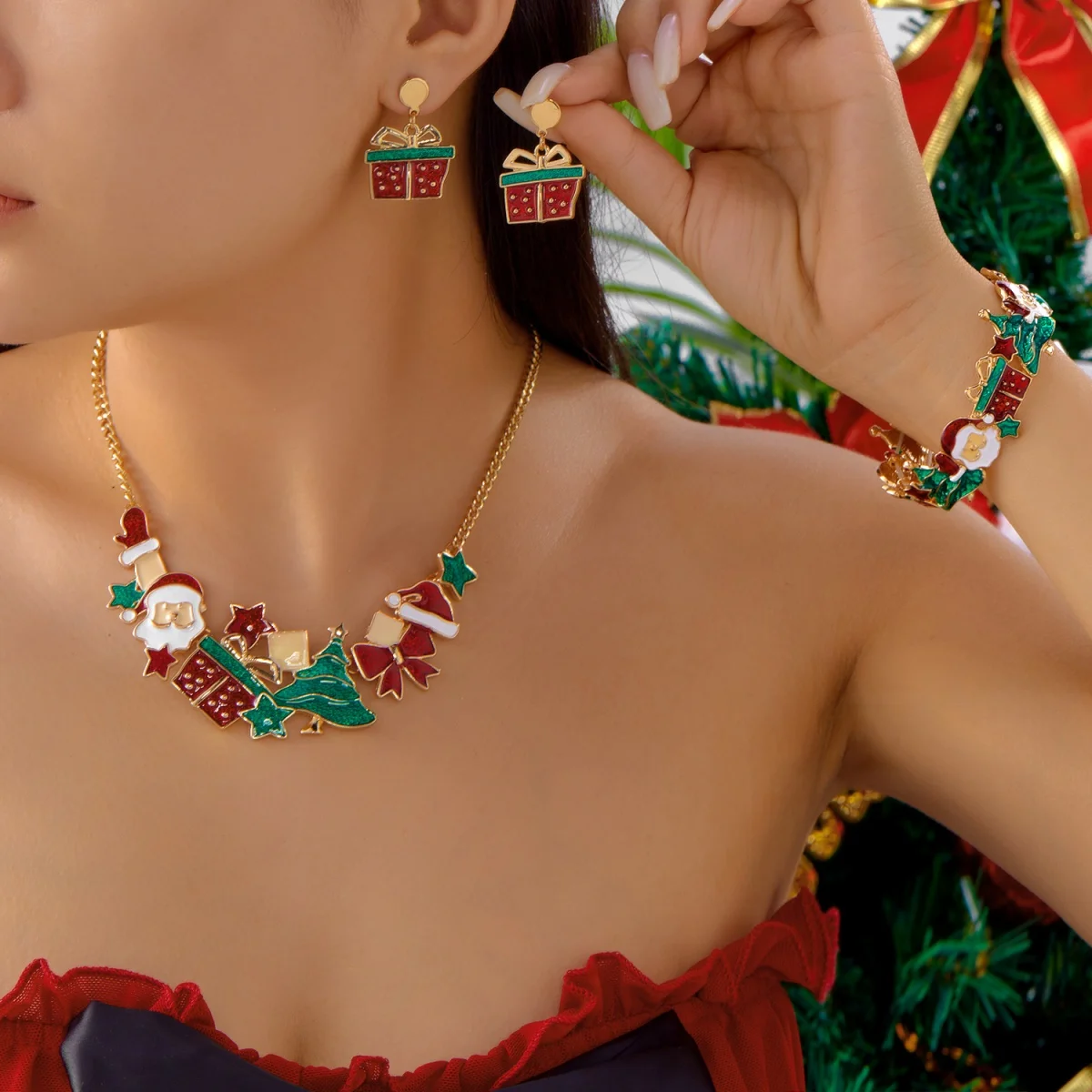 Weihnachten Schmuck Set Emaille Santa Claus Weihnachtsbaum Geschenk Box Stern Handschuh Armband Halskette Ohrringe Set Urlaub Geschenk für Frauen Männer