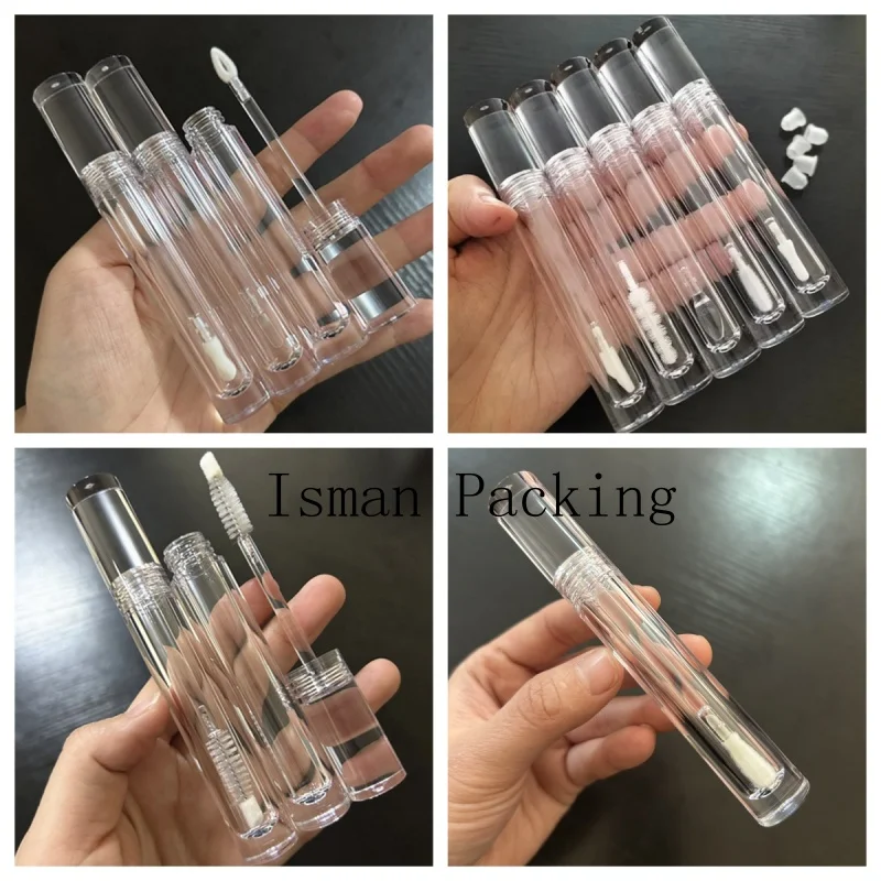 

50Pcs clear crystal mascara eyelash growth bottle refillable empty round transparent lip gloss container tube with brush 5ml