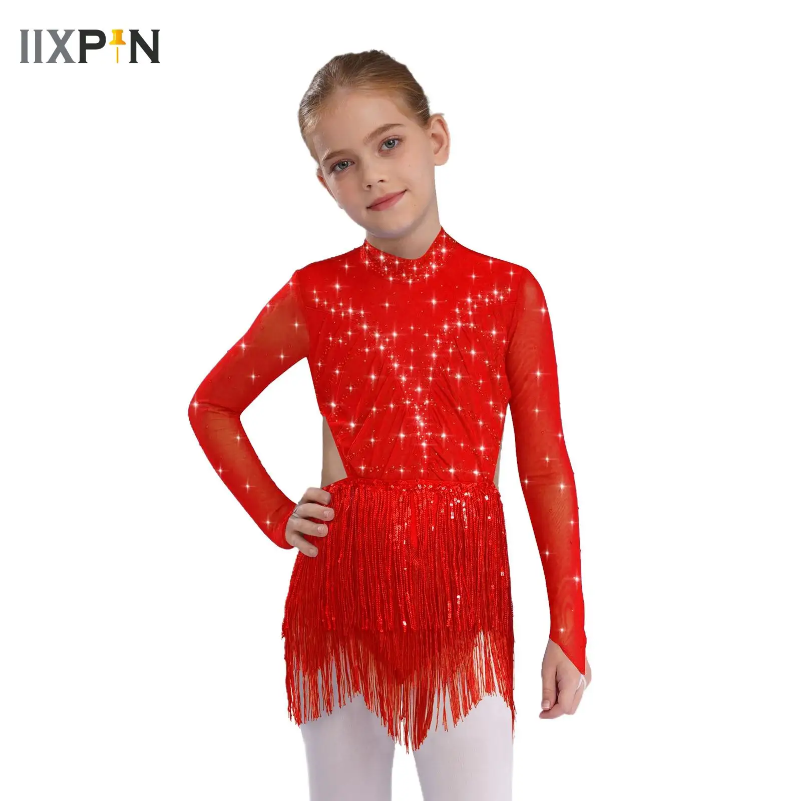 

Sequins Tassels Latin Dance Dress for Girls Kids Leotards Bodysuit Professional Dancing Competition Chacha Rumba Tango Costume
